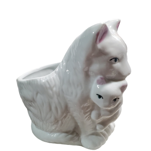 Vtg Mom and baby Kitty Cat planter ceramic high-gloss gree blue eyes - Picture 1 of 10